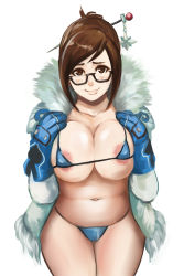 Rule 34 | 1girl, areola slip, beads, belly, bikini, blue bikini, blue gloves, blush, blush stickers, breasts, brown hair, coat, collarbone, covered erect nipples, fur, glasses, gloves, hair bun, hair ornament, hair stick, hairpin, hands on breasts, huge breasts, large areolae, long sleeves, looking at viewer, mei (overwatch), micro bikini, overwatch, overwatch 1, plump, pocket, shibusun, short hair, sidelocks, simple background, single hair bun, smile, solo, swimsuit, white background
