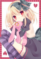 Rule 34 | 1girl, blonde hair, bow, dark feather alma, emil chronicle online, hair bow, hair ribbon, highres, hoshi (snacherubi), hugging doll, hugging object, looking at viewer, pointy ears, red eyes, ribbon, solo, striped clothes, striped thighhighs, stuffed animal, stuffed rabbit, stuffed toy, thighhighs