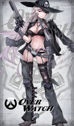Rule 34 | 1girl, absurdres, alternate eye color, alternate hair color, alternate hair length, alternate hairstyle, ammunition, bandolier, belt, between fingers, black bra, black jacket, black panties, boots, bra, breasts, captain chengsi, cassidy (overwatch), chaps, cigar, cleavage, cowboy hat, eyebrows, genderswap, genderswap (mtf), gun, handgun, hat, highres, holding, holster, jacket, jacket on shoulders, jewelry, knee pads, large breasts, lips, long hair, looking at viewer, mechanical hands, midriff, navel, necklace, overwatch, overwatch 1, panties, pink lips, pistol, red eyes, revolver, sheath, sheathed, single mechanical hand, smoke, solo, spurs, standing, stomach, thigh boots, thigh holster, thighhighs, underwear, weapon