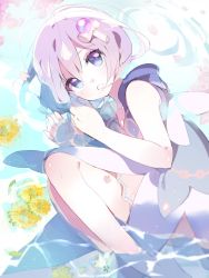 Rule 34 | 1girl, atsumi jun, bare arms, barefoot, blue eyes, blurry, copyright request, depth of field, dress, flower, hair between eyes, hair ornament, hands up, highres, legs together, looking at viewer, lying, on side, parted lips, partially submerged, petals, petals on liquid, purple hair, solo, water, yellow flower