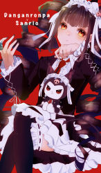 Rule 34 | 1girl, absurdres, bad id, bad pixiv id, black hair, black jacket, black skirt, blush, bonnet, brown eyes, brown hair, celestia ludenberg, center frills, chai (chai dnrn), claw ring, commentary request, copyright request, crossed legs, crossover, danganronpa: trigger happy havoc, danganronpa (series), drill hair, feet out of frame, frills, gothic lolita, highres, jacket, kuromi, layered skirt, lolita fashion, long hair, long sleeves, looking at viewer, nail polish, necktie, onegai my melody, over-kneehighs, red background, red eyes, red nails, red neckwear, ribbon-trimmed legwear, ribbon trim, sanrio, simple background, skirt, thighhighs, twin drills, twintails