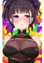 Rule 34 | 1girl, arms behind back, bare shoulders, black hair, black one-piece swimsuit, blush, breasts, closed mouth, collarbone, fate/grand order, fate (series), flower, hair flower, hair ornament, highres, i.u.y, large breasts, looking at viewer, murasaki shikibu (fate), murasaki shikibu (swimsuit rider) (fate), murasaki shikibu (swimsuit rider) (first ascension) (fate), one-piece swimsuit, purple eyes, purple flower, purple rose, rose, sidelocks, smile, solo, sweat, swimsuit, upper body