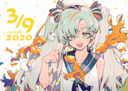 Rule 34 | 1girl, 39, absurdres, bare arms, black neckerchief, black ribbon, black sailor collar, blouse, blue eyes, blue hair, bottle miku, chinese commentary, collarbone, commentary request, confetti, dated, fish, goldfish, hair ribbon, hand up, hatsune miku, highres, long hair, looking at viewer, neckerchief, open mouth, ribbon, sailor collar, school uniform, serafuku, shirt, simple background, sleeveless, sleeveless shirt, smile, solo, taowu (20809), twintails, upper body, vocaloid, white background, white shirt