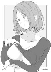 Rule 34 | 1girl, blush, breasts, cleavage, clothes lift, collarbone, grey background, greyscale, kichihachi, large breasts, lifted by self, long sleeves, looking at viewer, mole, mole on breast, mole under eye, monochrome, original, shirt, shirt lift, simple background, solo, twitter username, two-tone background, underboob, white background