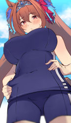 Rule 34 | 1girl, absurdres, animal ears, bare arms, blue one-piece swimsuit, blurry, blush, breasts, brown hair, closed mouth, cloud, covered navel, daiwa scarlet (umamusume), depth of field, from below, hair intakes, hand on own hip, highres, horse ears, large breasts, lips, long hair, looking down, one-piece swimsuit, outdoors, pirukusu, plump, red hair, solo, sweatdrop, swimsuit, tiara, twintails, umamusume
