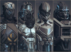 3d 4others amarr_empire_(eve_online) armor autodesk_3ds_max_(medium) commentary concept_art dust_514 eve_online grey_theme helmet minmatar_republic_(eve_online) multiple_others official_art realistic science_fiction tonywork upper_body