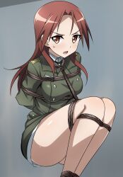 Rule 34 | 1girl, bdsm, blush, bondage, bound, breasts, gn 002, grey background, large breasts, long hair, looking at viewer, military uniform, minna-dietlinde wilcke, open mouth, red eyes, red hair, restrained, shibari, simple background, solo, strike witches, tied up (nonsexual), uniform, world witches series