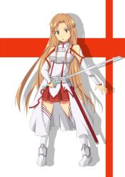 Rule 34 | 10s, 1girl, asuna (sao), brown eyes, brown hair, chest plate, detached sleeves, highres, holding, kurohachiboku, long hair, looking at viewer, pleated skirt, rapier, shadow, shoes, skirt, solo, sword, sword art online, thighhighs, weapon, white thighhighs
