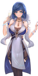 Rule 34 | 1girl, absurdres, asaikeu, bangle, bare shoulders, blue hair, blue nails, blush, bracelet, breasts, champagne flute, closed mouth, cup, dark blue hair, diagonal bangs, drink, drinking glass, earrings, feather boa, feet out of frame, fur collar, genshin impact, green eyes, highres, holding, holding drink, jewelry, large breasts, looking at viewer, mole, mole on breast, nail polish, necklace, pelvic curtain, see-through, sidelocks, smile, solo, standing, vision (genshin impact), white background, yelan (genshin impact)