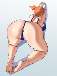 Rule 34 | 1girl, 2022, alternate breast size, anus, anus peek, ass, ass focus, back, bare legs, barefoot, breasts, creatures (company), feet, game freak, gym leader, highres, huge ass, huge breasts, misty (pokemon), narrow waist, nintendo, orange hair, pokemon, pokemon frlg, short hair, side ponytail, simple background, soles, stretching, thick thighs, thighs, wide hips, ytrall