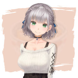 Rule 34 | 1girl, arms behind back, black choker, braid, breasts, choker, closed mouth, collarbone, crown braid, esuki, eyelashes, green eyes, grey hair, hair ribbon, half updo, high-waist skirt, hololive, large breasts, looking at viewer, off-shoulder sweater, off shoulder, pendant choker, ribbed sweater, ribbon, shirogane noel, shirogane noel (casual), short hair, skirt, smile, solo, sweater, upper body, virtual youtuber, white sweater