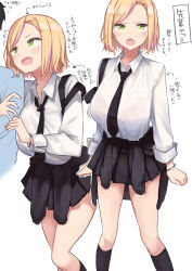 Rule 34 | 1boy, 1girl, absurdres, arm hug, blonde hair, blush, breasts, clothes around waist, earrings, fang, highres, jewelry, large breasts, looking at viewer, multicolored hair, multiple views, necktie, open mouth, original, pleated skirt, rucchiifu, school uniform, shirt, short hair, simple background, skirt, solo focus, streaked hair, stud earrings, sweater, sweater around waist, translation request, white background, white shirt