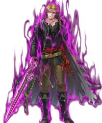 Rule 34 | 1boy, aura, blonde hair, dark aura, fire emblem, fire emblem: the blazing blade, fire emblem heroes, highres, holding, holding sword, holding weapon, lloyd (fire emblem), long coat, looking at viewer, nintendo, non-web source, official alternate eye color, official art, solo, soul patch, sword, tachi-e, torn clothes, undead, weapon, yellow eyes