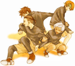 Rule 34 | 2boys, 2girls, arm grab, black shirt, blush, boots, broken-land, brown hair, casual, closed eyes, dark skin, elf, facial mark, forehead mark, friends, gensou suikoden, gensou suikoden iv, green eyes, green headband, happy, headband, jewel (suikoden), keneth (gensou suikoden), laughing, long sleeves, looking at another, looking back, multiple boys, multiple girls, open mouth, orange hair, pants, parted lips, paula (suikoden), pointy ears, shadow, shirt, shoes, short hair, short ponytail, shorts, simple background, sitting, smile, squatting, standing, tal (suikoden), white background, white hair