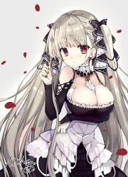 Rule 34 | 1girl, arm under breasts, azur lane, between breasts, black bow, black dress, black nails, blush, bow, breast hold, breasts, cleavage, closed mouth, clothing cutout, commentary request, dress, earrings, fingernails, formidable (azur lane), grey background, grey hair, hair bow, hand up, jewelry, large breasts, long hair, long sleeves, mitha, nail polish, petals, red eyes, shoulder cutout, signature, simple background, sleeves past wrists, solo, stud earrings, twintails, very long hair