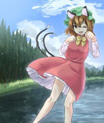 Rule 34 | 1girl, bow, bowtie, brown hair, chen, cloud, dress, grass, green hair, hat, highres, kulukulu3333, long sleeves, mob cap, one eye closed, open mouth, paw pose, red dress, scenery, short hair, smile, tail, touhou, tree, water