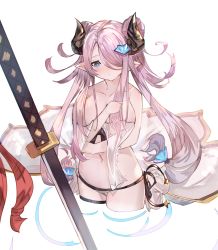 1girl bare_arms bare_shoulders bikini blue_eyes blush breasts cleavage closed_mouth collarbone commentary_request cropped_legs curled_horns double_bun draph granblue_fantasy hair_bun hair_over_one_eye highres horns katana large_breasts long_hair narmaya_(granblue_fantasy) navel pink_hair pointy_ears side-tie_bikini_bottom simple_background solo swimsuit sword tota_(sizukurubiks) twintails very_long_hair weapon white_background white_bikini