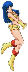 Rule 34 | 1girl, bare shoulders, blue eyes, blue hair, boots, breasts, cleavage, crop top, dirty pair, earrings, full body, gloves, highres, holster, jewelry, long hair, looking at viewer, medium breasts, midriff, navel, non-web source, official art, open mouth, own hands together, photoshop (medium), single glove, sleeveless, solo, thighs, v arms, yellow gloves, yuri (dirty pair)