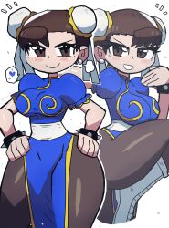 Rule 34 | 1girl, absurdres, black pantyhose, blue dress, blush, bracelet, breasts, brown eyes, brown hair, capcom, chun-li, dress, eyelashes, female focus, grin, hands on own hips, highres, jewelry, large breasts, leg up, loincloth, pantyhose, puffy short sleeves, puffy sleeves, shiny clothes, shiny skin, short hair, short sleeves, smile, solo, spiked bracelet, spikes, street fighter, thick thighs, thighs, tony welt, twintails, white background, wide hips