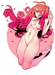 Rule 34 | 1girl, commentary, curly hair, dated, feet, flower, full body, highres, monochrome, navel, no nipples, no pussy, nude, original, petals, pink theme, poch4n, red eyes, red hair, rose, signature, solo