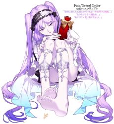 Rule 34 | 1girl, ass, azusa (hws), barefoot, bracelet, character name, copyright name, euryale (fate), euryale (third ascension) (fate), fate/grand order, fate/hollow ataraxia, fate (series), feet, full body, hairband, jewelry, knees up, lolita hairband, long hair, looking at viewer, pale skin, parted lips, purple eyes, purple hair, ring, simple background, sitting, smile, soles, solo, teeth, toes, twintails, very long hair, white background