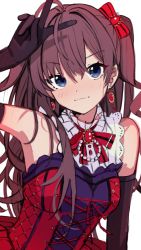 Rule 34 | 1girl, ahoge, bad id, bad twitter id, black gloves, blush, brooch, cross-laced clothes, dress, earrings, elbow gloves, gloves, highres, ichinose shiki, idol, idolmaster, idolmaster cinderella girls, jewelry, light smile, looking at viewer, morumoru x, purple hair, red dress, simple background, sleeveless, sleeveless dress, solo, two side up, upper body, v, white background