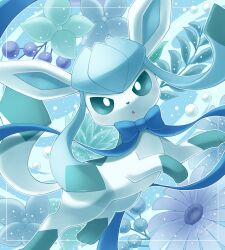 Rule 34 | :o, animal focus, berry, blue background, blue bow, blue eyes, blue fur, blue sclera, bow, colored sclera, creatures (company), flower, full body, game freak, gem, gen 4 pokemon, glaceon, highres, looking at viewer, nintendo, no humans, open mouth, pearl (gemstone), pokemon, pokemon (creature), sasabunecafe, snow, tail
