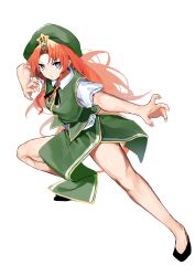 Rule 34 | 1girl, blue eyes, chinese clothes, fighting stance, green headwear, green jacket, green skirt, highres, hong meiling, jacket, long hair, pocche-ex, red hair, serious, shirt, sketch, skirt, solo, star (symbol), touhou, white background, white shirt