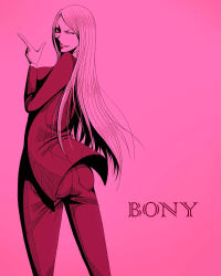 Rule 34 | 1girl, ass, back, character name, color background, female focus, formal, jewelry bonney, lipstick, long hair, makeup, monochrome, one piece, over shoulder, pants, piercing, pink background, pink hair, pink theme, solo, standing, suit, text focus, wink