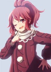 Rule 34 | 1girl, anna (fire emblem), anna (fire emblem engage), blue background, commentary, finger to own chin, fire emblem, fire emblem engage, hand on own hip, high ponytail, highres, jacket, looking at viewer, medium hair, minamonochaba, nintendo, one eye closed, open mouth, red eyes, red hair, red jacket, scarf, simple background, smile, solo, white scarf
