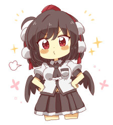 Rule 34 | 1girl, black hair, black skirt, black wings, blush stickers, breasts, collared shirt, commentary request, cropped legs, dress shirt, feathered wings, hair between eyes, hands on own hips, hat, looking at viewer, medium breasts, mini hat, navel, o3o, pleated skirt, puffy short sleeves, puffy sleeves, red eyes, red hat, shameimaru aya, shirt, short sleeves, simple background, skirt, solo, tokin hat, totoharu (kujirai minato), touhou, v-shaped eyebrows, white background, white shirt, wings