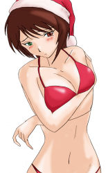 Rule 34 | 00s, 1girl, artist request, bikini, blue eyes, breasts, brown hair, christmas, cleavage, hat, heterochromia, large breasts, aged up, red bikini, red eyes, rozen maiden, santa hat, short hair, solo, souseiseki, swimsuit