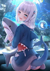 Rule 34 | 1girl, :d, aquarium, ass, bloop (gawr gura), blue eyes, blue hair, blue hoodie, blunt bangs, blush, commentary, fins, fish, fish tail, gawr gura, gawr gura (1st costume), hair ornament, highres, holding, hololive, hololive english, hood, hood down, hoodie, hugging doll, hugging object, long sleeves, looking at viewer, looking back, monaka curl, multicolored hair, open mouth, panties, shark girl, shark tail, sharp teeth, silver hair, sitting, smile, solo, streaked hair, striped clothes, striped panties, stuffed animal, stuffed shark, stuffed toy, tail, teeth, two side up, underwear, virtual youtuber, water