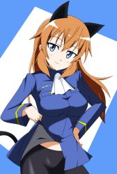 Rule 34 | 1girl, animal ears, blue eyes, breasts, cat ears, cat tail, charlotte e. yeager, cosplay, hand on own hip, hip focus, large breasts, military, military uniform, no panties, pantyhose, perrine h. clostermann, perrine h clostermann (cosplay), red hair, solo, strike witches, tail, uniform, world witches series, yumekaranigeruna
