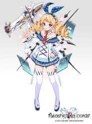 Rule 34 | &gt;:o, 1girl, :o, akashic re:cords, alice (alice in wonderland), alice in wonderland, bare shoulders, blonde hair, blue eyes, blue ribbon, blush, boots, collarbone, copyright name, detached collar, dress, drill hair, empew, gradient background, grey background, gun, hair ribbon, looking at viewer, necktie, open mouth, original, rabbit, ribbon, short dress, solo, standing, thigh boots, thighhighs, twin drills, v-shaped eyebrows, weapon, white background, white dress, white footwear