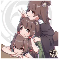 Rule 34 | 3girls, animal ear fluff, animal ears, bare arms, bare shoulders, brown eyes, brown hair, collared shirt, commentary request, green kimono, grin, hand up, highres, japanese clothes, kimono, kuro kosyou, long hair, long sleeves, looking at viewer, multiple girls, original, shirt, short eyebrows, sleeveless, smile, stacking, tail, thick eyebrows, v, white shirt, wide sleeves