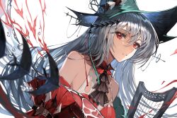 Rule 34 | 1girl, absurdres, arknights, ascot, bare shoulders, black ascot, blue headwear, cherry blossom (yurucharalov), commentary request, detached sleeves, dress, grey hair, harp, highres, instrument, long hair, looking at viewer, parted lips, red dress, red eyes, skadi (arknights), skadi the corrupting heart (arknights), solo, upper body, very long hair, white background