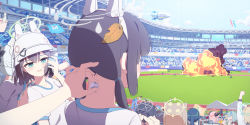 Rule 34 | 6+girls, :d, aircraft, animal ears, black hair, blue archive, blue eyes, blue sky, blurry, braid, buruma, cat ears, cat tail, cellphone, cloud, cloudy sky, commentary request, demon girl, demon horns, depth of field, dirigible, explosion, fake animal ears, fake tail, fox ears, fox girl, fox tail, from behind, grey hair, gym shirt, halo, helmet, highres, holding, holding phone, horns, ice, ice cube, izuna (blue archive), leaf, leaf on head, long hair, looking at another, medium hair, midori (blue archive), miyako (blue archive), miyu (blue archive), mnnnya, moe (blue archive), momoi (blue archive), multiple girls, nape, official alternate costume, open mouth, out of frame, pebble, phone, pov, prank, rabbit ears, running, running track, saki (blue archive), shirt, short hair, short sleeves, sidelocks, simple background, single braid, sky, smartphone, smile, stadium, sweat, sweatdrop, tail