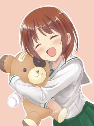 Rule 34 | 1girl, :d, blouse, boko (girls und panzer), brown hair, commentary, girls und panzer, green skirt, highres, holding, holding stuffed toy, nishizumi miho, ooarai school uniform, open mouth, outline, pink background, pleated skirt, sailor collar, sakurakkuma, school uniform, serafuku, shirt, short hair, skirt, smile, solo, standing, stuffed animal, stuffed toy, teddy bear, white outline, white sailor collar