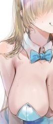 Rule 34 | 1girl, alracoco, asuna (blue archive), asuna (bunny) (blue archive), bare shoulders, blonde hair, blue archive, blue bow, blue bowtie, blue eyes, blue leotard, blush, bow, bowtie, breasts, cleavage, commentary, detached collar, english commentary, eyes visible through hair, grin, hair over one eye, highres, large breasts, leotard, long hair, looking at viewer, mole, mole on breast, playboy bunny, simple background, smile, solo, strapless, strapless leotard, sweat, traditional bowtie, upper body, white background