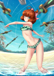 Rule 34 | 1girl, adsouto, ahoge, attack, bare arms, bare shoulders, beach, bikini, blue sky, blush, bow, bra, breasts, brown hair, cameltoe, curly hair, day, facing viewer, fighting stance, forest, freckles, frilled bikini, frills, glowing, green bikini, green bra, green eyes, green panties, hair bow, hair ornament, hair ribbon, happy, highres, looking at viewer, motion blur, multiple swords, nature, navel, orange hair, outdoors, outstretched arms, palm tree, panties, penny polendina, pink bow, pink ribbon, ribbon, rwby, short hair, sky, small breasts, smile, solo, standing, strapless, strapless bikini, string, swimsuit, sword, tree, underwear, wading, water, watermark, weapon, wet