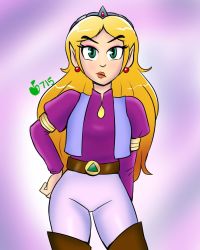 Rule 34 | 1girl, belt, blonde hair, blue eyes, boots, breasts, earrings, elf, hand on own hip, highres, jewelry, lipstick, long hair, looking at viewer, makeup, nintendo, pointy ears, princess zelda, solo, the legend of zelda, the legend of zelda (cartoon), tiara, triforce