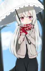 Rule 34 | 10s, 1girl, bare tree, black skirt, blue sky, blush, brown cardigan, cardigan, closed mouth, cloud, commentary request, day, frilled umbrella, frills, gloves, grey hair, hair between eyes, hair ornament, hands up, head tilt, highres, holding, holding umbrella, jiu (sdesd3205), long hair, outdoors, red eyes, red gloves, red scarf, scarf, shirt, skirt, sky, smile, solo, sophie twilight, tonari no kyuuketsuki-san, tree, umbrella, very long hair, white shirt, white umbrella