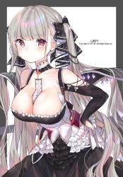 Rule 34 | 1girl, absurdly long hair, azur lane, bad id, bad pixiv id, between breasts, black dress, breasts, cleavage, dress, earrings, flight deck, formidable (azur lane), frilled dress, frills, grey hair, hair ribbon, highres, jewelry, large breasts, long hair, red eyes, ribbon, rigging, solo, twintails, two-tone dress, two-tone ribbon, urim (paintur), very long hair