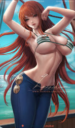 Rule 34 | 1girl, alternate hair length, alternate hairstyle, armpits, arms up, artist name, bangle, bikini, bikini top only, blue sky, blush, bracelet, breasts, brown eyes, cleavage, cloud, cowboy shot, day, denim, deviantart username, earrings, groin, head tilt, jeans, jewelry, large breasts, lexaiduer, long hair, nami (one piece), navel, one piece, open fly, orange hair, outdoors, pants, parted lips, patreon username, red lips, sidelocks, signature, skindentation, sky, smile, solo, stomach, striped bikini, striped clothes, swimsuit, tattoo, underboob, very long hair, watermark, web address