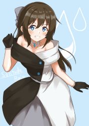 Rule 34 | 1girl, absurdres, aqua background, aqua eyes, artist name, artist request, back bow, bare shoulders, belt, black dress, black gloves, black skirt, blue eyes, blush, bow, bow hairband, breasts, brooch, brown hair, buttons, choker, cleavage, clenched hand, collarbone, diamond (gemstone), dress, drop earrings, earrings, evening gown, female focus, gloves, grey belt, grey bow, grey skirt, hair between eyes, hair bow, hairband, half updo, high ponytail, highres, jewelry, lace, lace gloves, long hair, looking at viewer, love live!, love live! nijigasaki high school idol club, love live! school idol festival, miniskirt, multicolored clothes, multicolored dress, off-shoulder dress, off shoulder, osaka shizuku, parted lips, pink lips, plaid, plaid dress, plaid skirt, pleated, pleated dress, pleated skirt, ponytail, raindrop print, skirt, sleeveless, sleeveless dress, small breasts, smile, solitude rain (love live!), solo, teeth, two-tone dress, white bow, white choker, white dress, white skirt