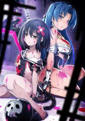 Rule 34 | 2girls, alice (mary skelter), barefoot, black hair, blue eyes, blue hair, breasts, chain, cinderella (mary skelter), cleavage, cuffs, gloves, handcuffs, highres, mary skelter, medium breasts, messy, multiple girls, nanameda kei, off shoulder, official art, short hair, small breasts, squatting, torn clothes, white gloves, yellow eyes