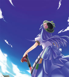Rule 34 | 1girl, back, blue hair, cloud, day, female focus, food, from behind, fruit, hands on hilt, hat, hinanawi tenshi, leaf, long hair, mikagami hiyori, outdoors, peach, sky, solo, standing, sword, sword of hisou, touhou, weapon