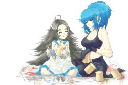 Rule 34 | 2girls, black gloves, black pants, blue eyes, blue hair, breasts, brown hair, can, canned food, chang koehan, closed eyes, crayon, dress, earrings, food, food in mouth, gender request, genderswap, gloves, height difference, ikari hime, jewelry, large breasts, leona heidern, long hair, mobile, multiple girls, pants, paper, ponytail, pretty chang, sitting, small breasts, spoon, tank top, the king of fighters, the king of fighters all-stars, triangle earrings, white background