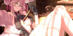 Rule 34 | 1girl, bare shoulders, black dress, black gloves, breasts, center opening, china dress, chinese clothes, dress, fate (series), folded fan, folding fan, glasses, gloves, hair between eyes, hand fan, highres, koyanskaya (chinese lostbelt outfit) (fate), koyanskaya (fate), pink hair, smile, solo, tail, tamamo (fate), tsuuhan, yellow eyes